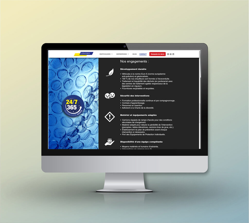 Écran d'ordinateur affichant la partie "nos engagements"