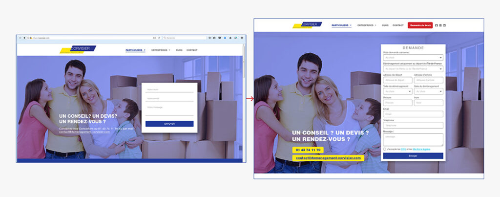 Comparatif avant / après des modifications des CTA, formulaire et boutons contact et demande de devis