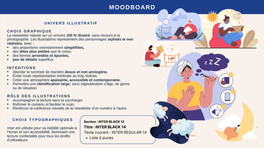 Moodboard de l'univers illustratif et des choix typographiques