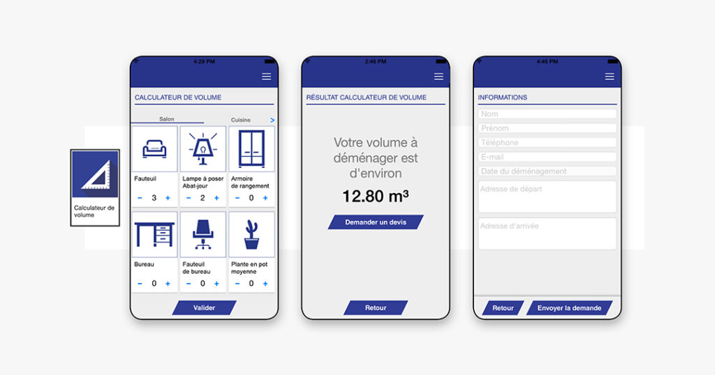 Écrans de "calculateur de volume"