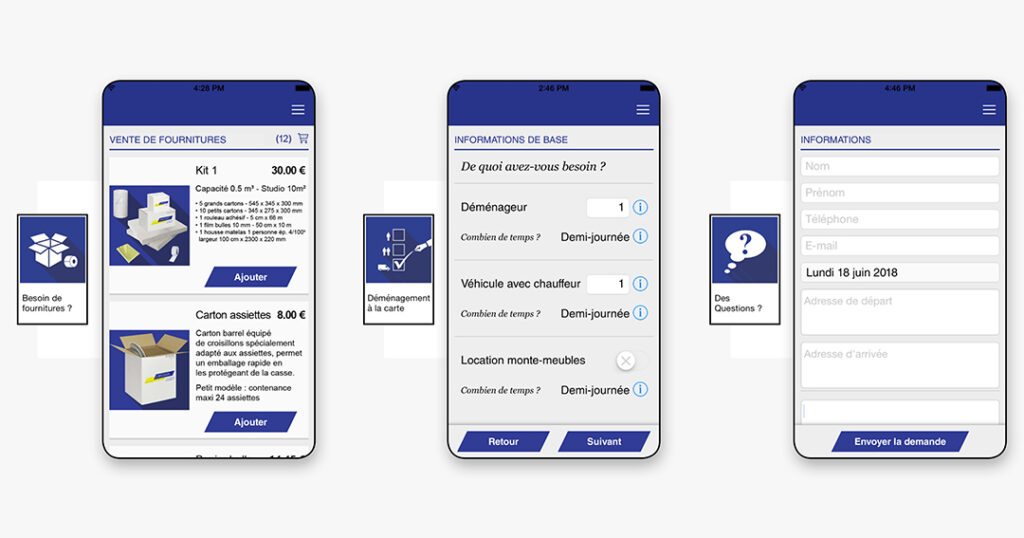 Écrans de "commande de fournitures", "commande de matériels" et "questions"